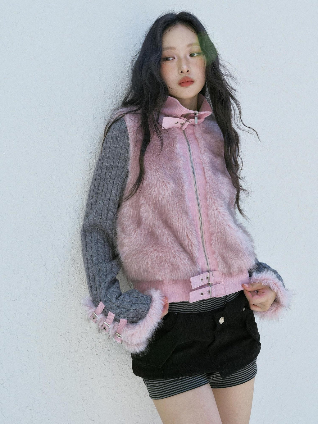 No nuts Gray Pink Patchwork Knit Stand Collar Short Women's Eco Faux Fur Coats