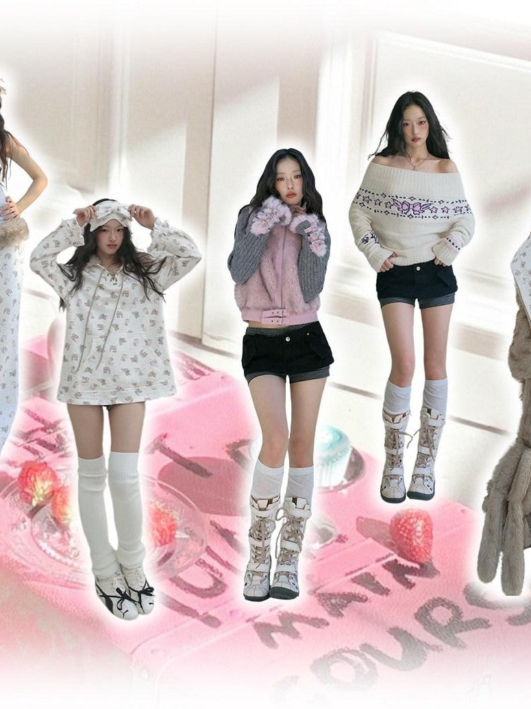 No nuts Gray Pink Patchwork Knit Stand Collar Short Women's Eco Faux Fur Coats