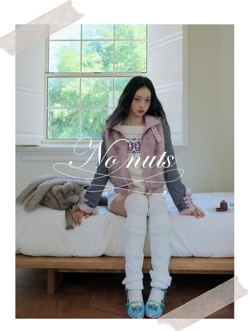 No nuts Gray Pink Patchwork Knit Stand Collar Short Women's Eco Faux Fur Coats
