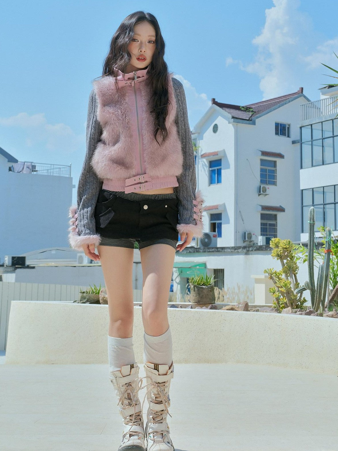 No nuts Gray Pink Patchwork Knit Stand Collar Short Women's Eco Faux Fur Coats