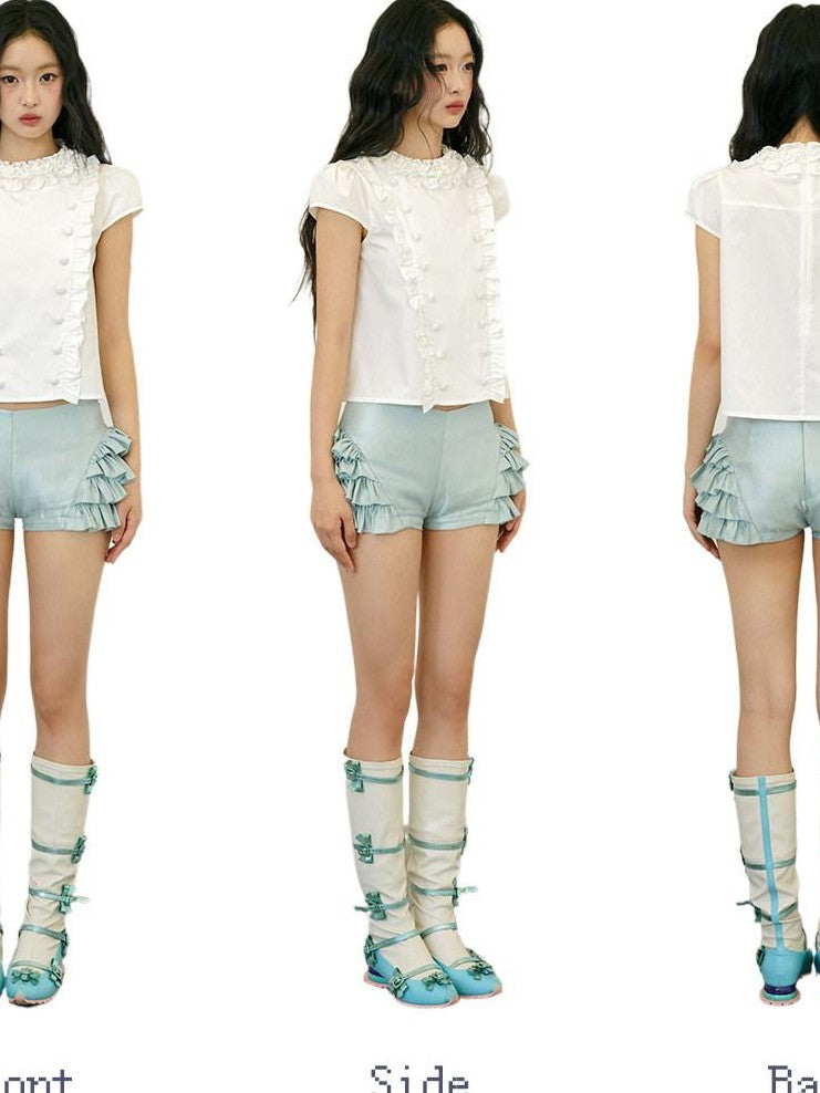 No nuts Green Layered Ruffle Lace Low Waist Women's Viscose Hot Pants