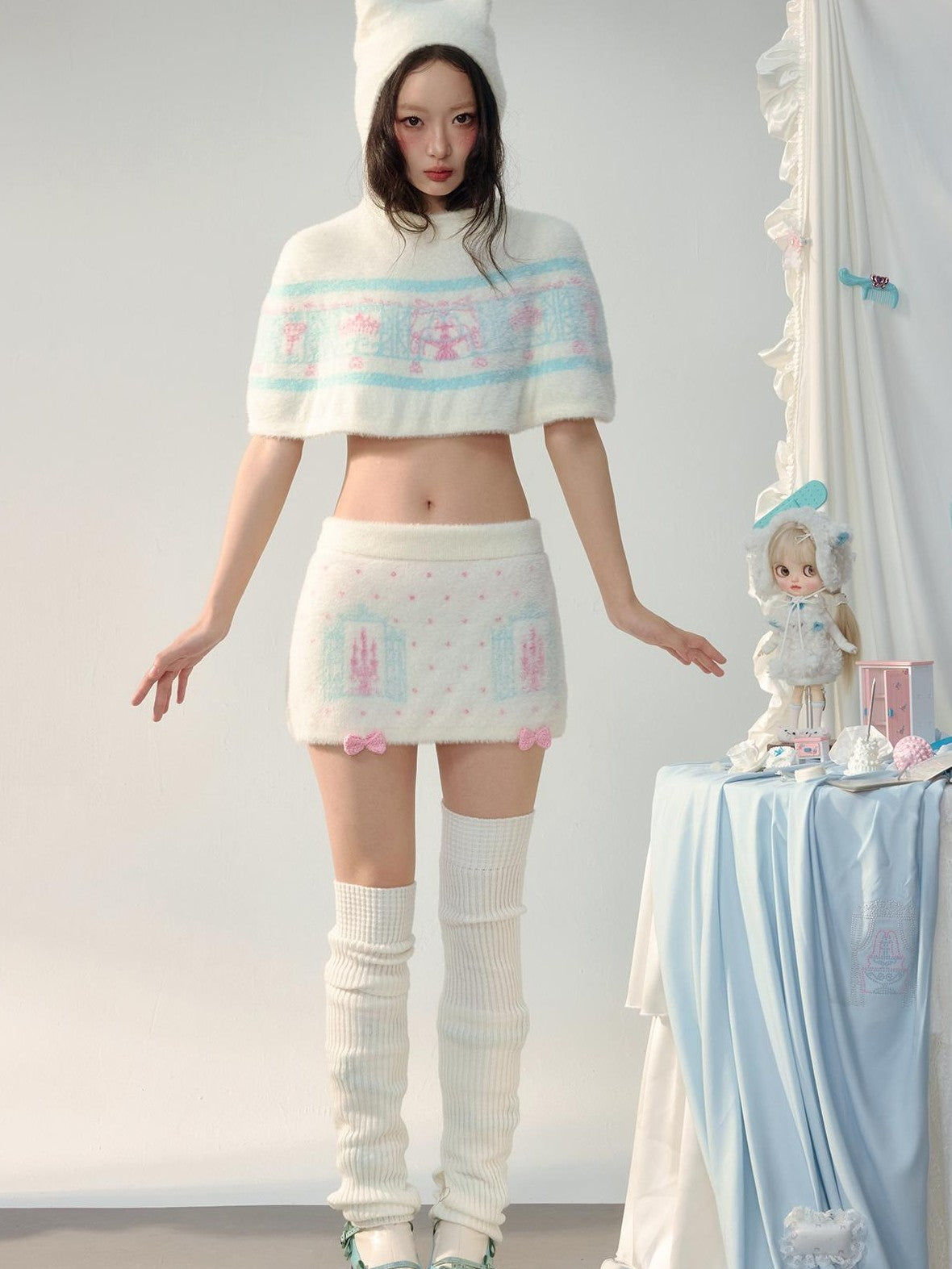 No nuts Jacquard Cat Ear Cape Faux Mink A Line Women's Knit Top & Skirt Sets