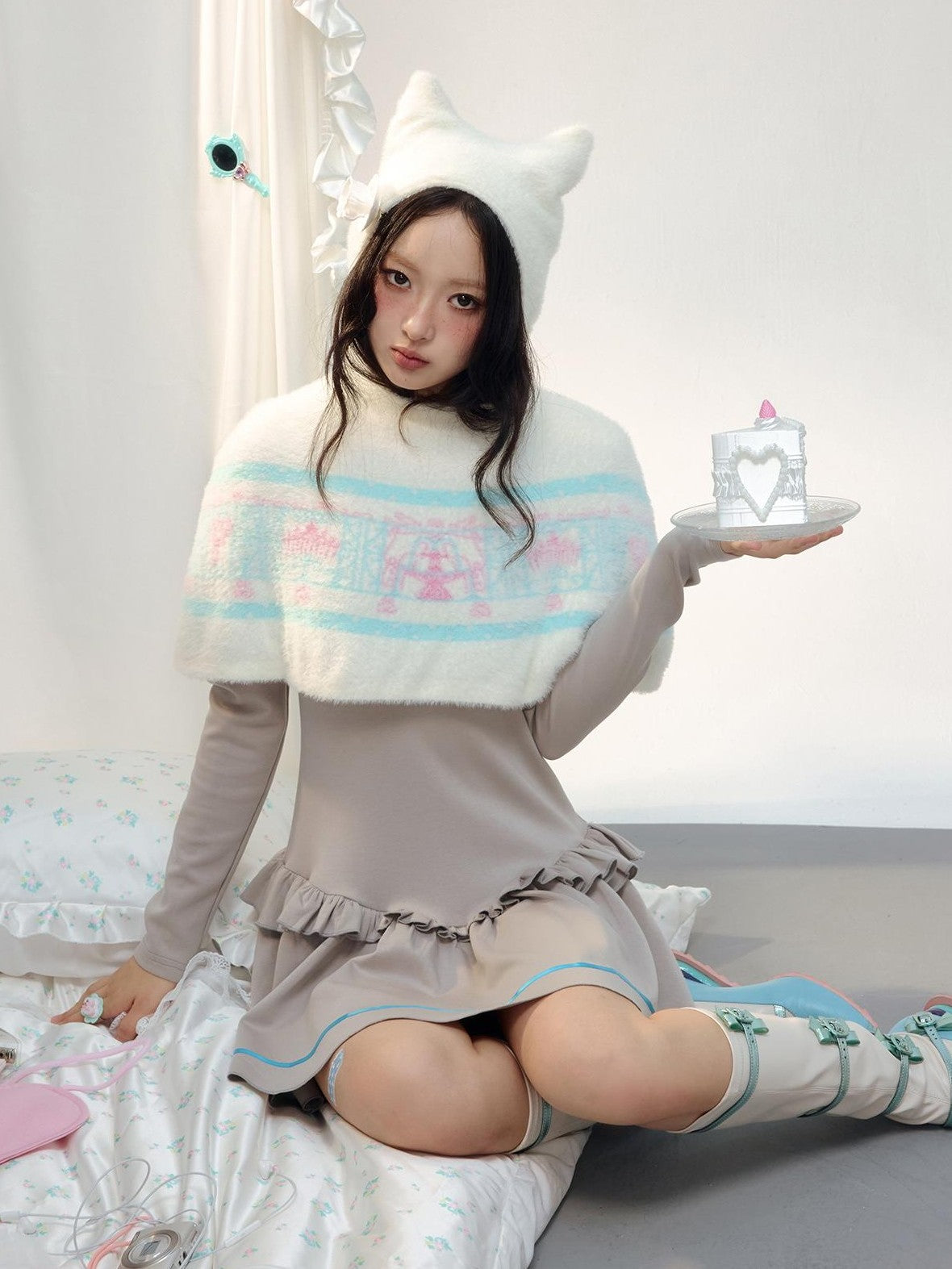 No nuts Jacquard Cat Ear Cape Faux Mink A Line Women's Knit Top & Skirt Sets