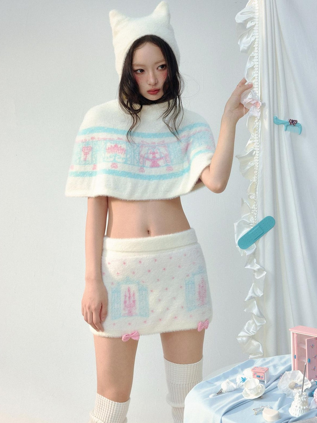 No nuts Jacquard Cat Ear Cape Faux Mink A Line Women's Knit Top & Skirt Sets