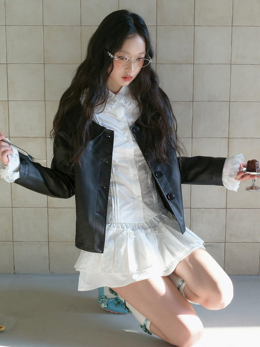 No nuts Lace Trim Doll Collar Long Sleeve Slim Fit Women's Cotton Puff-sleeve Blouses