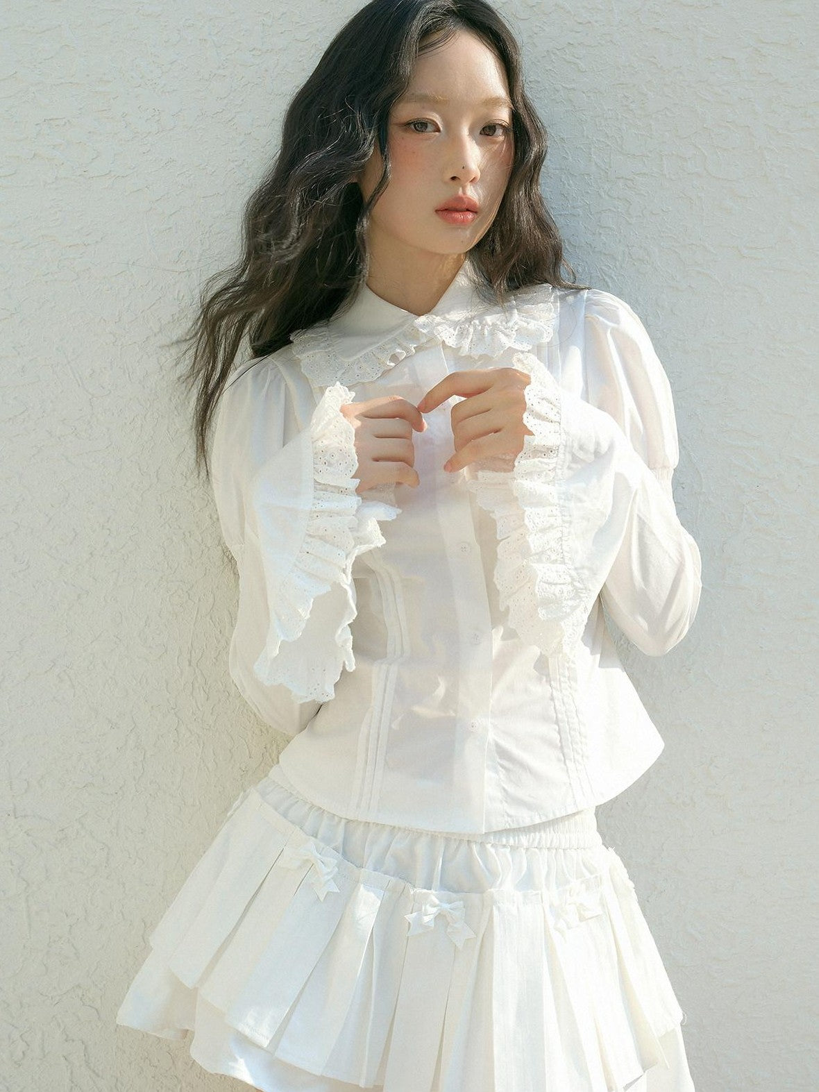 No nuts Lace Trim Doll Collar Long Sleeve Slim Fit Women's Cotton Puff-sleeve Blouses