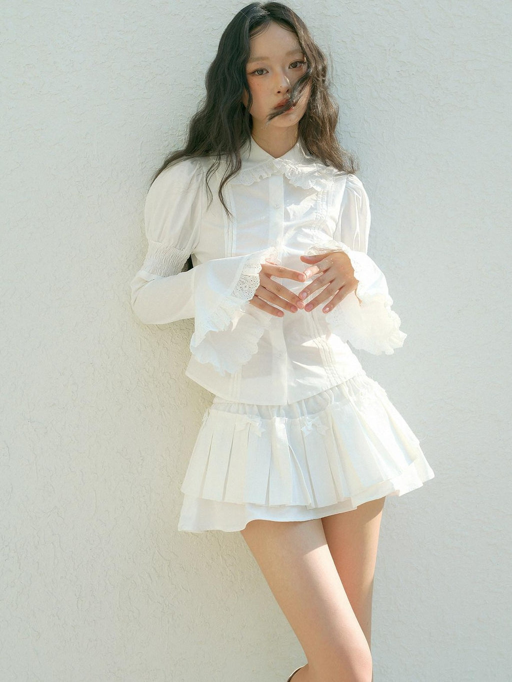 No nuts Lace Trim Doll Collar Long Sleeve Slim Fit Women's Cotton Puff-sleeve Blouses
