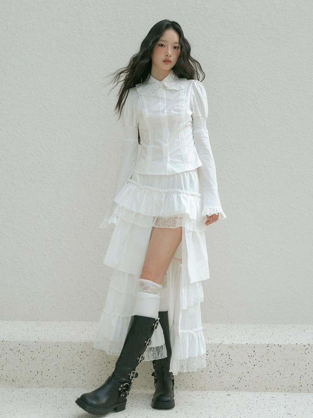 No nuts Lace Trim Doll Collar Long Sleeve Slim Fit Women's Cotton Puff-sleeve Blouses
