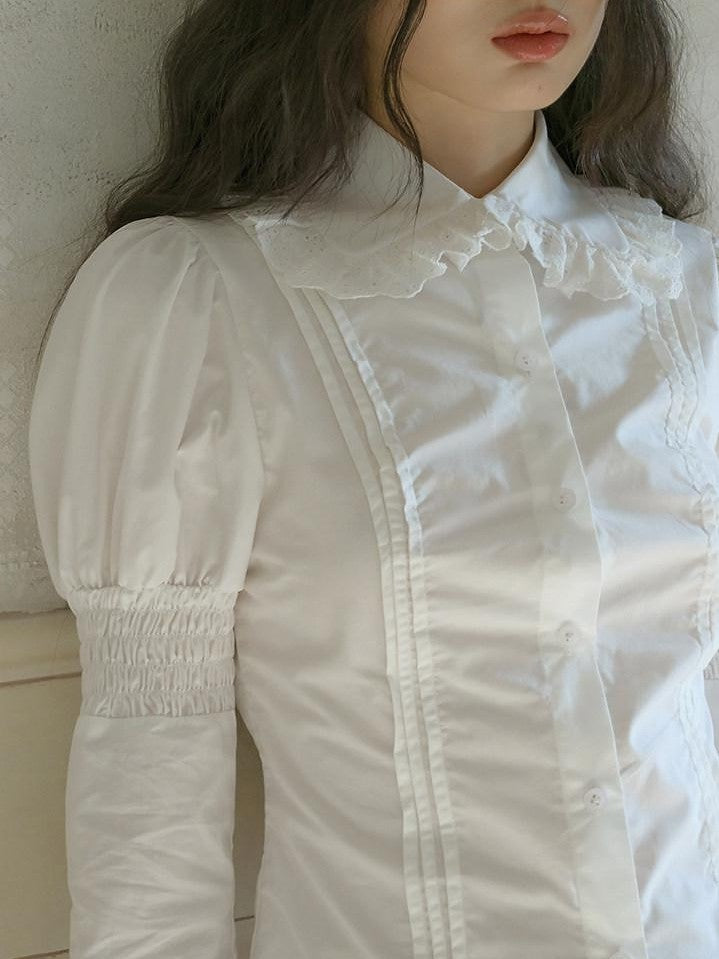 No nuts Lace Trim Doll Collar Long Sleeve Slim Fit Women's Cotton Puff-sleeve Blouses