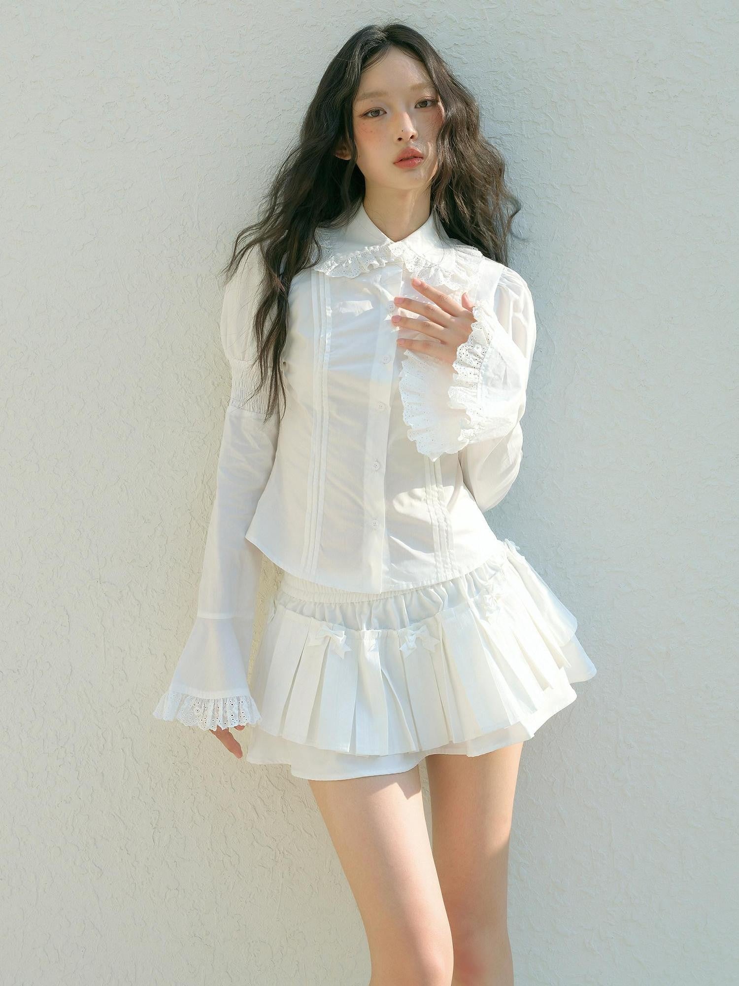 No nuts Lace Trim Doll Collar Long Sleeve Slim Fit Women's Cotton Puff-sleeve Blouses