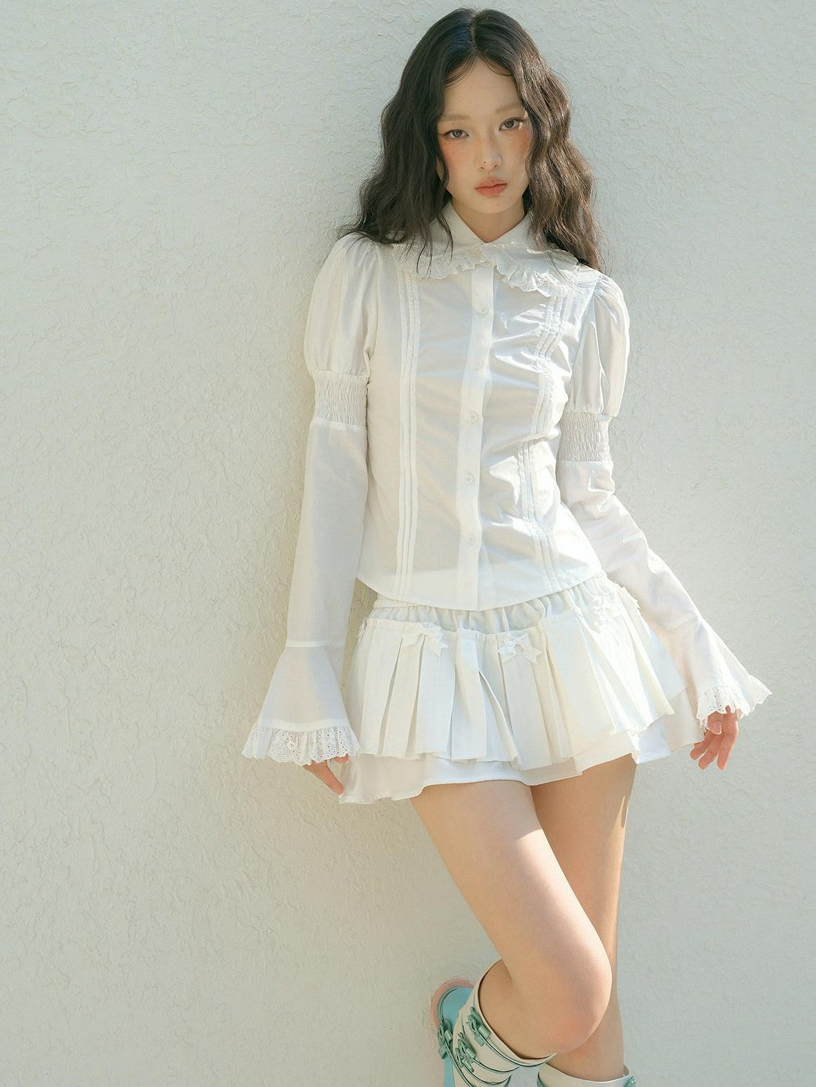 No nuts Lace Trim Doll Collar Long Sleeve Slim Fit Women's Cotton Puff-sleeve Blouses