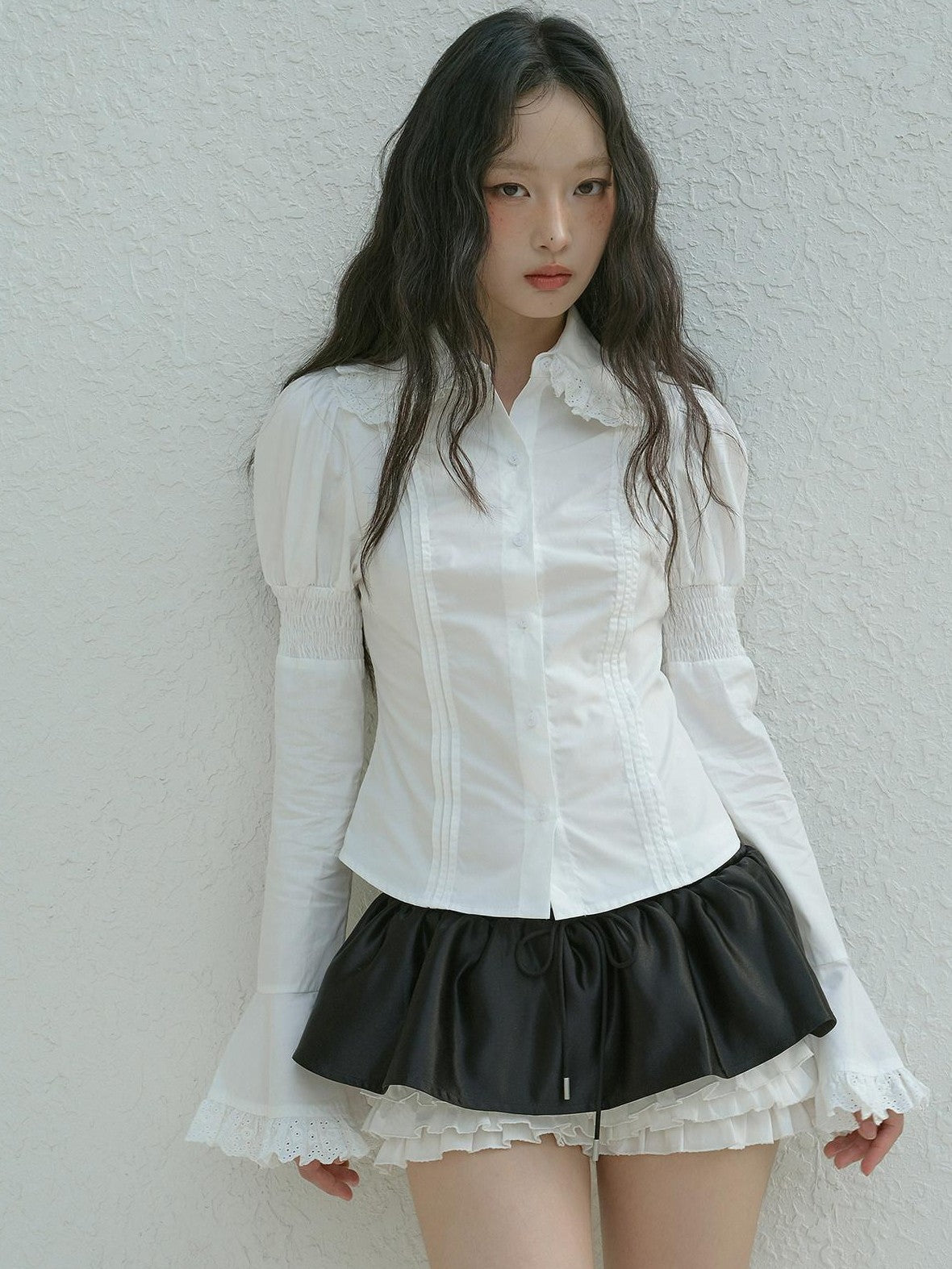 No nuts Lace Trim Doll Collar Long Sleeve Slim Fit Women's Cotton Puff-sleeve Blouses