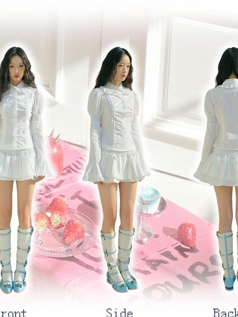 No nuts Lace Trim Doll Collar Long Sleeve Slim Fit Women's Cotton Puff-sleeve Blouses