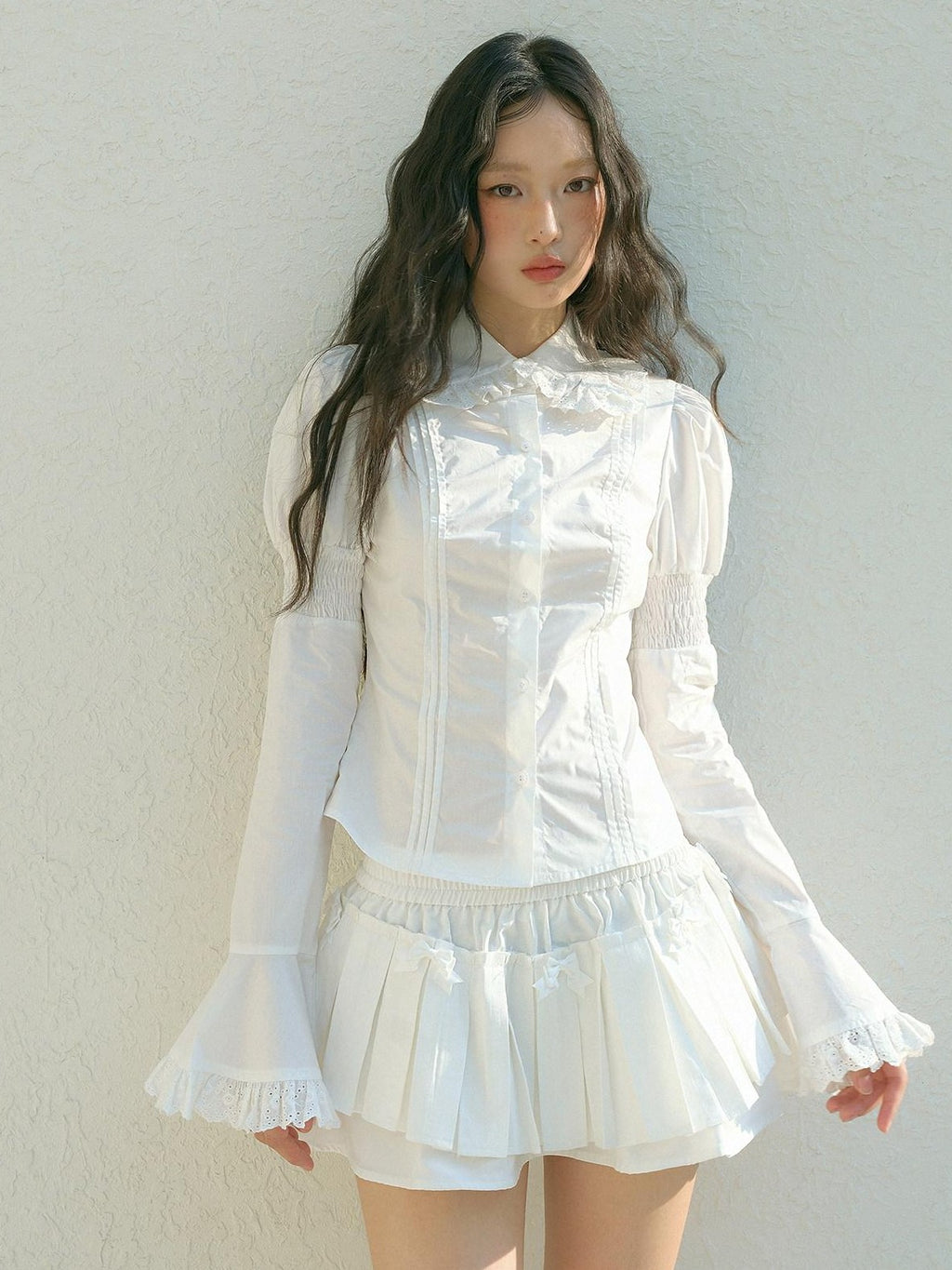 No nuts Lace Trim Doll Collar Long Sleeve Slim Fit Women's Cotton Puff-sleeve Blouses
