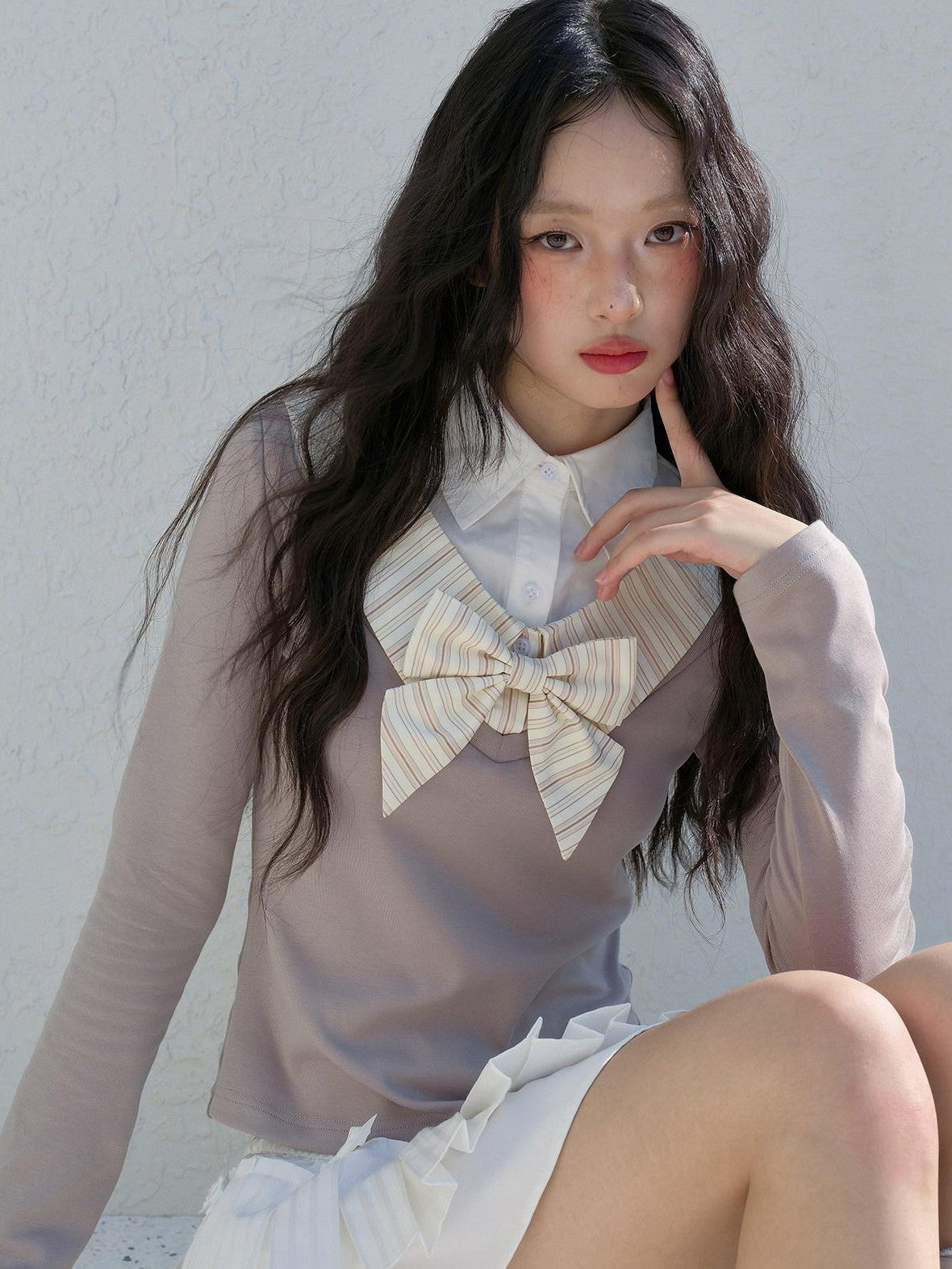 No nuts Layered Collar Mock Two Piece Striped Women's Cotton Long Sleeve T-shirts