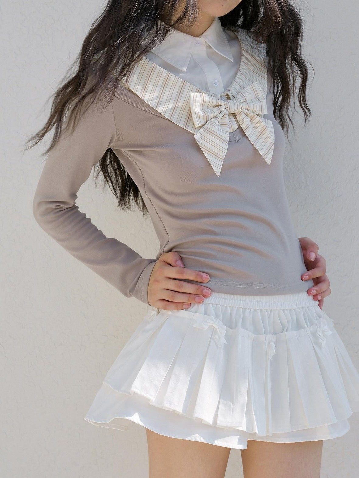 No nuts Layered Collar Mock Two Piece Striped Women's Cotton Long Sleeve T-shirts