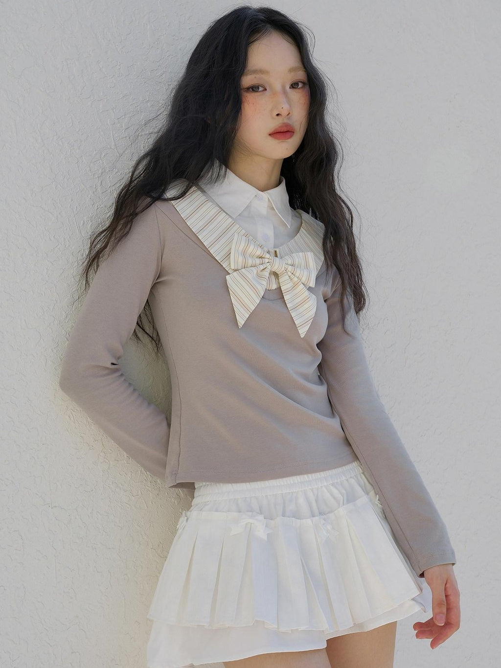No nuts Layered Collar Mock Two Piece Striped Women's Cotton Long Sleeve T-shirts