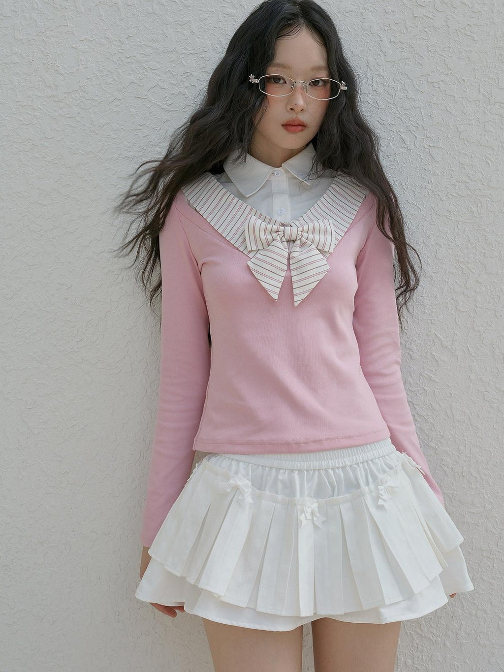 No nuts Layered Collar Mock Two Piece Striped Women's Cotton Long Sleeve T-shirts