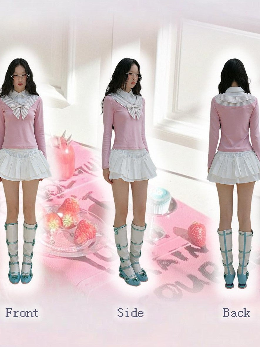 No nuts Layered Collar Mock Two Piece Striped Women's Cotton Long Sleeve T-shirts