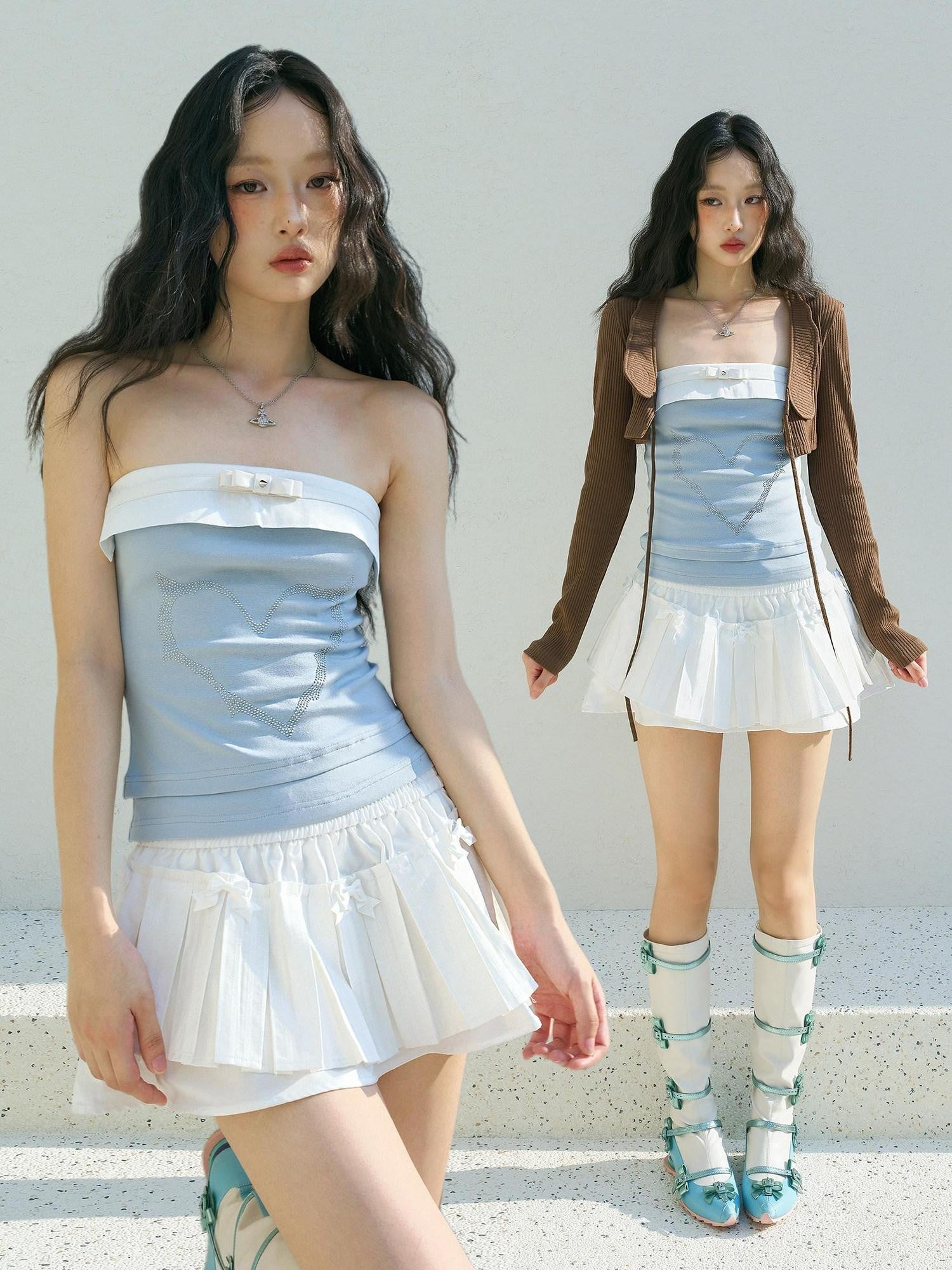 No nuts Little Devil Hotfix Rhinestone Stud Bow Patchwork Women's Blue Tube Tops