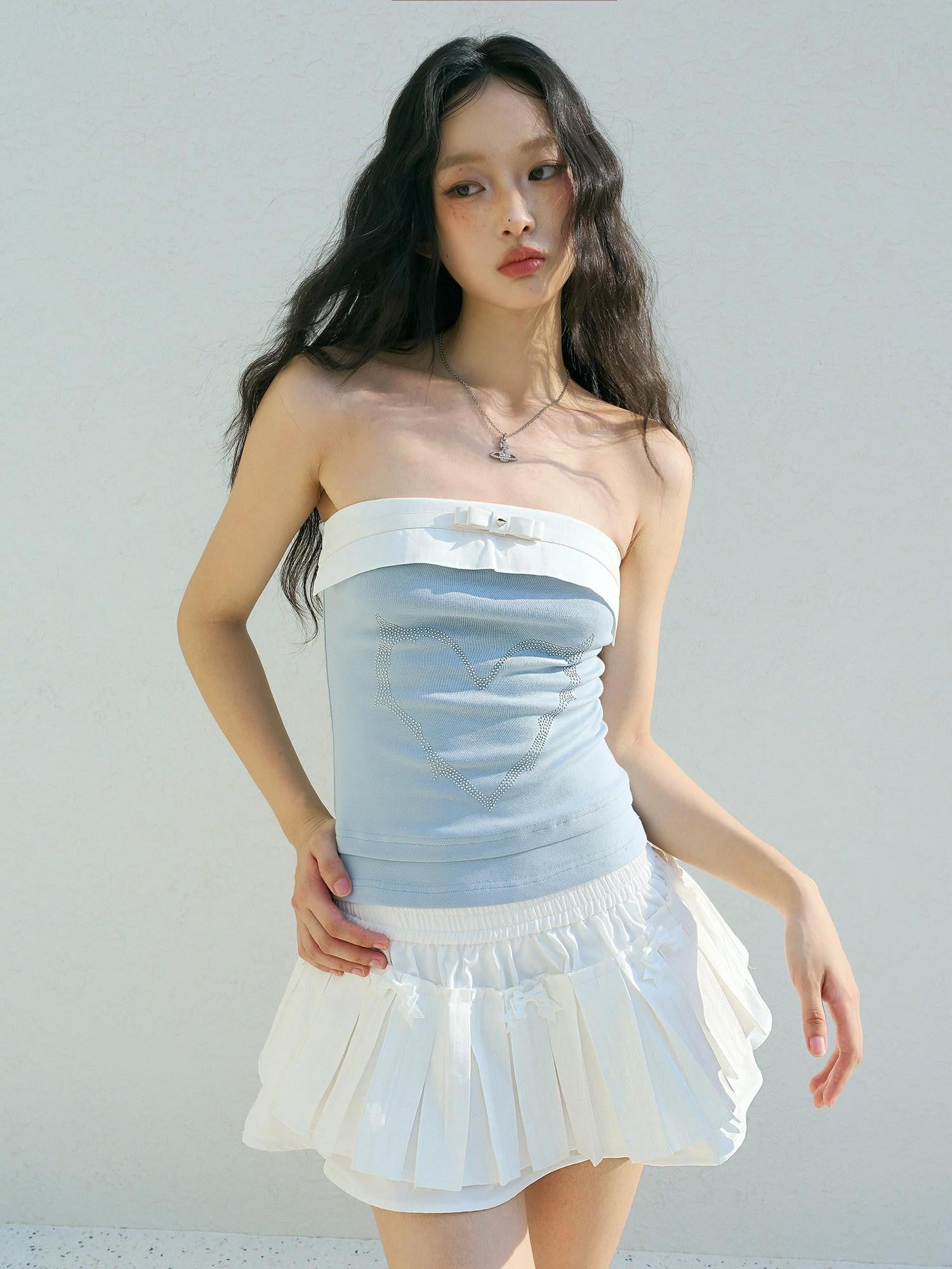 No nuts Little Devil Hotfix Rhinestone Stud Bow Patchwork Women's Blue Tube Tops