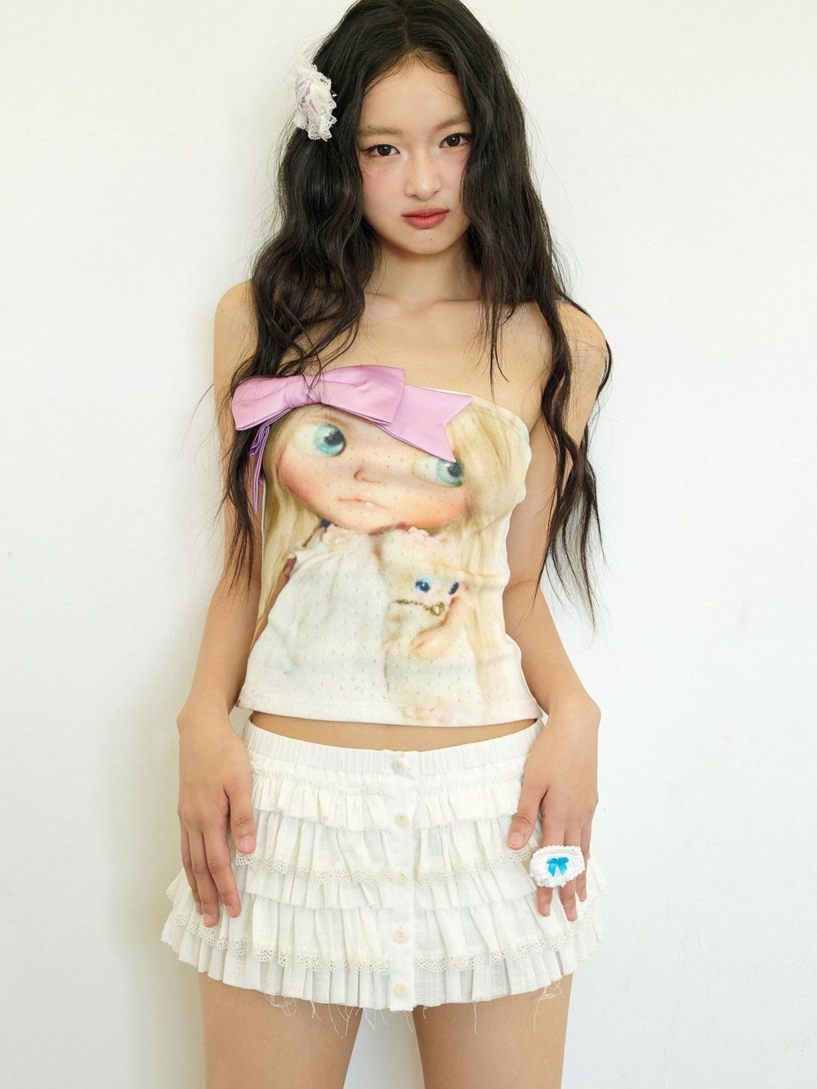 No nuts Pink Bow Doll Print Slim Short Women's Cotton Knit Tube Tops