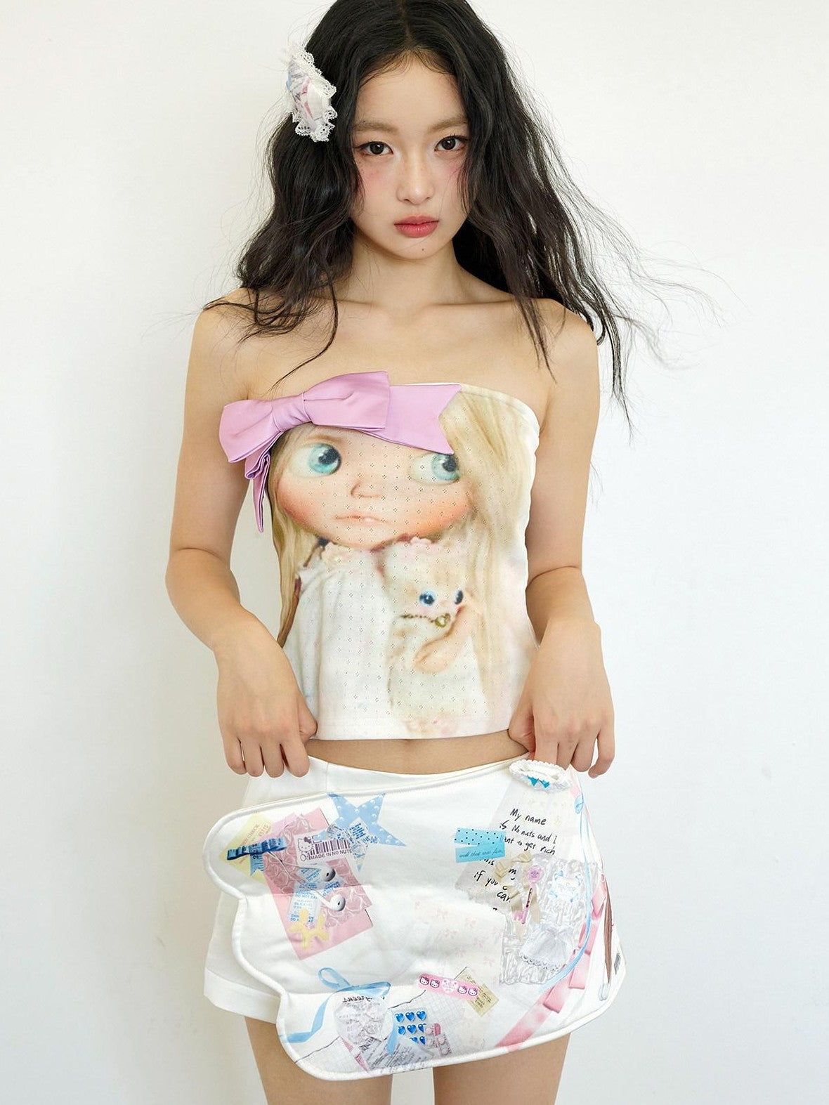 No nuts Pink Bow Doll Print Slim Short Women's Cotton Knit Tube Tops