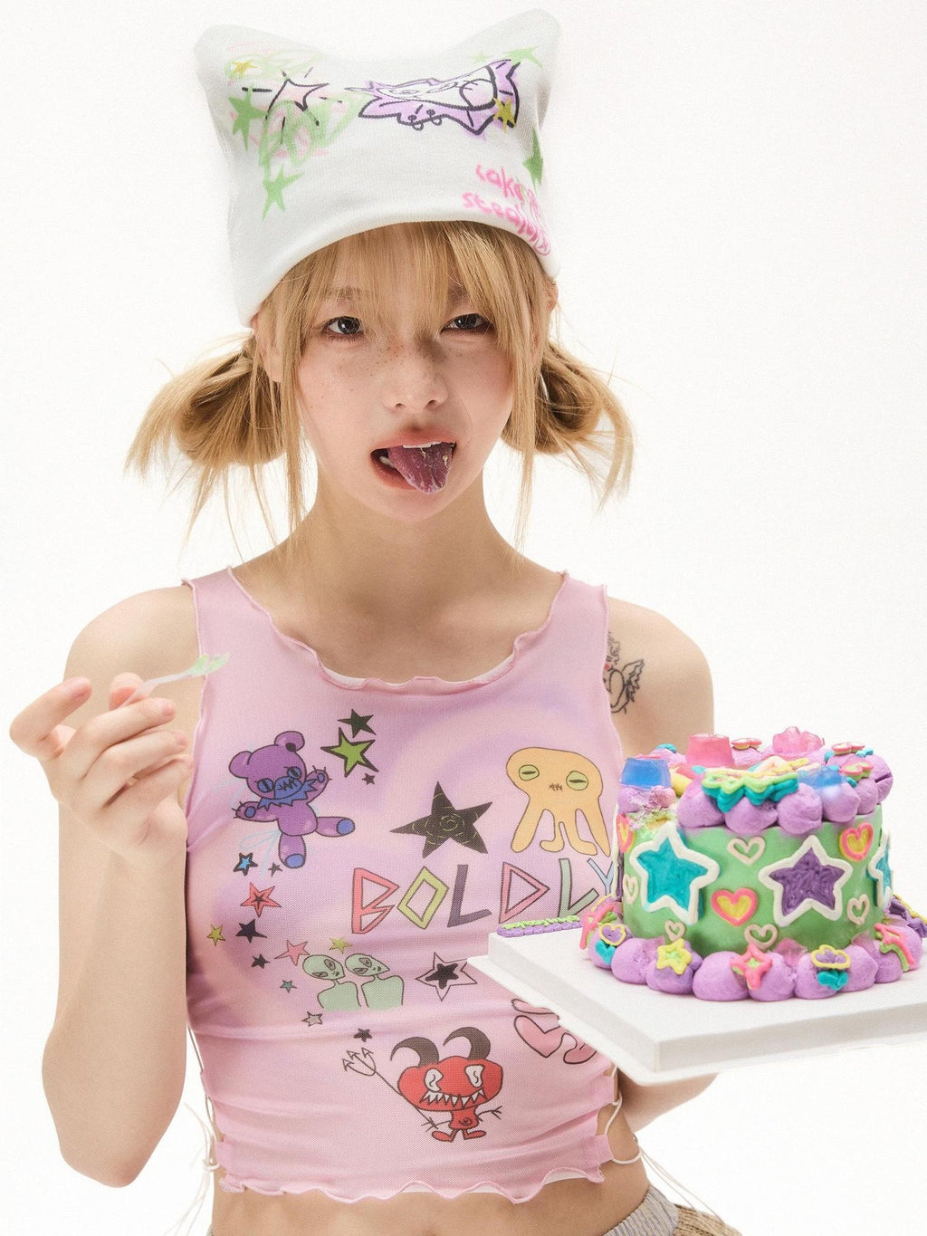 No nuts Pink Double Layer Mesh Graffiti Waist Cutout Slim Women's Polyester Tank Tops