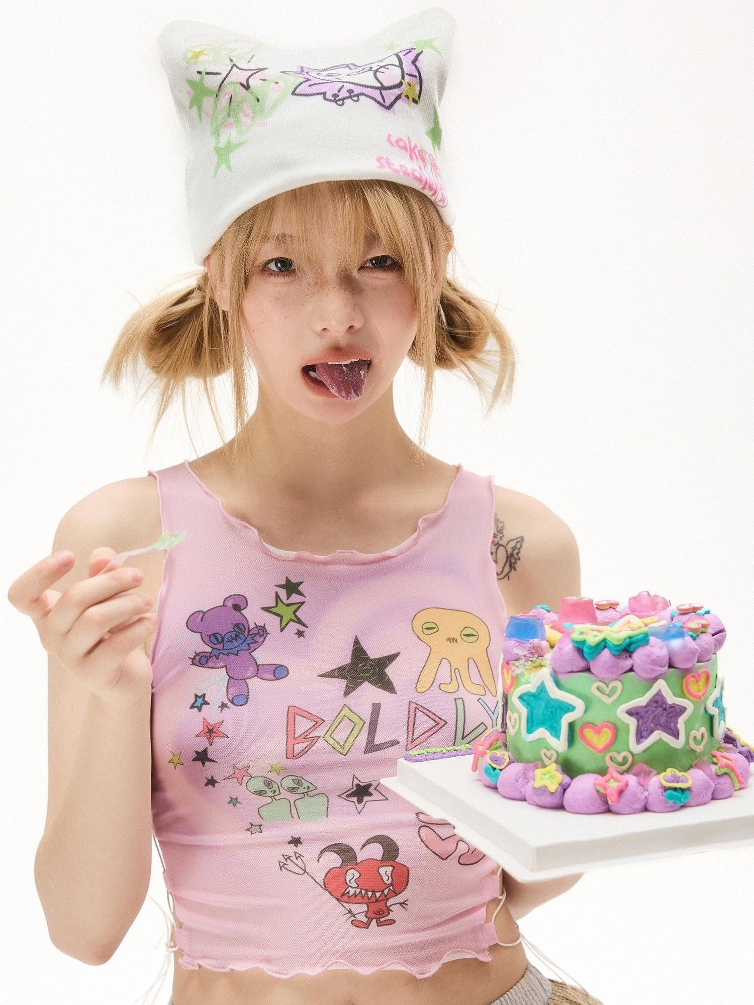 No nuts Pink Double Layer Mesh Graffiti Waist Cutout Slim Women's Polyester Tank Tops