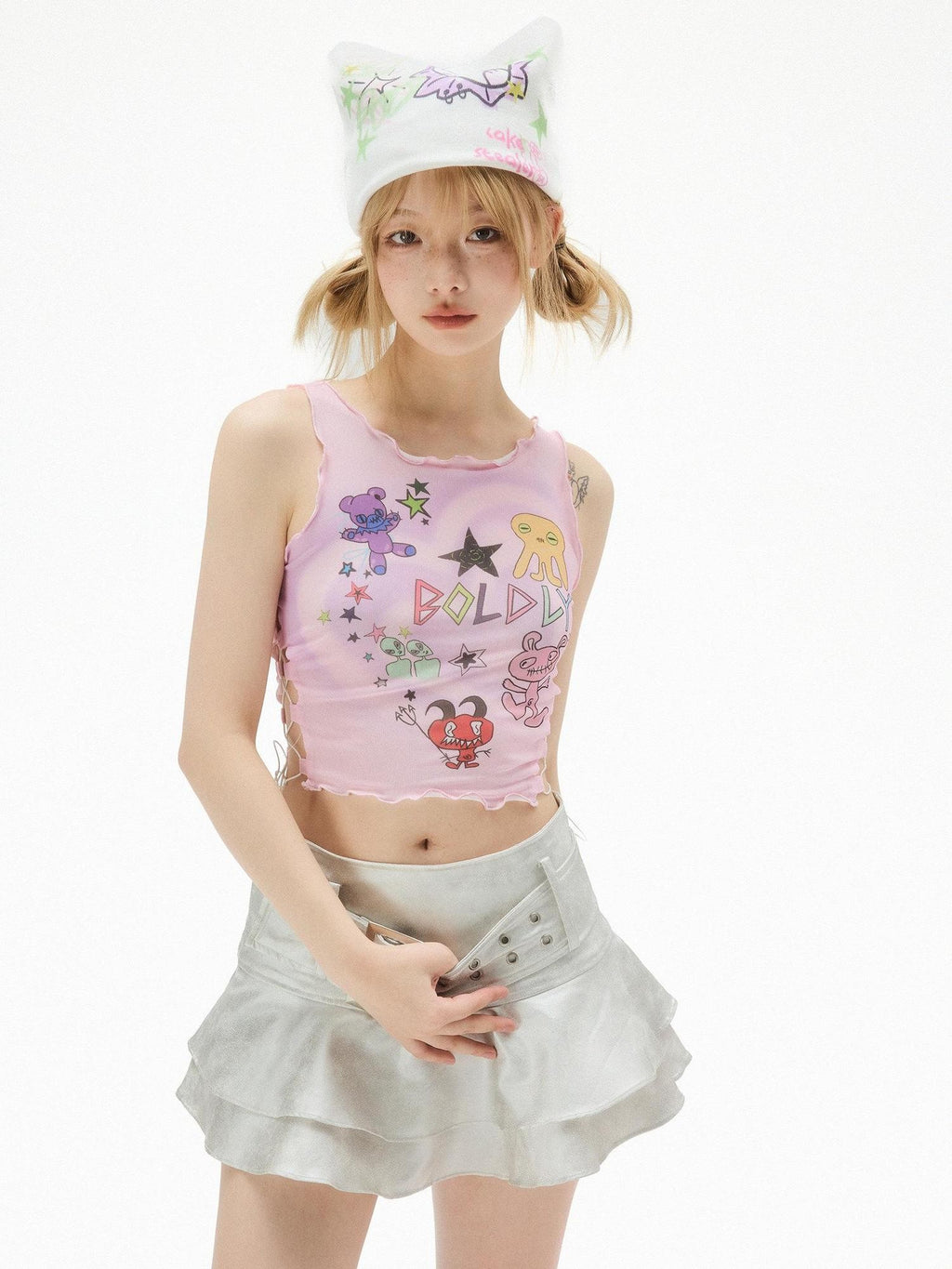 No nuts Pink Double Layer Mesh Graffiti Waist Cutout Slim Women's Polyester Tank Tops