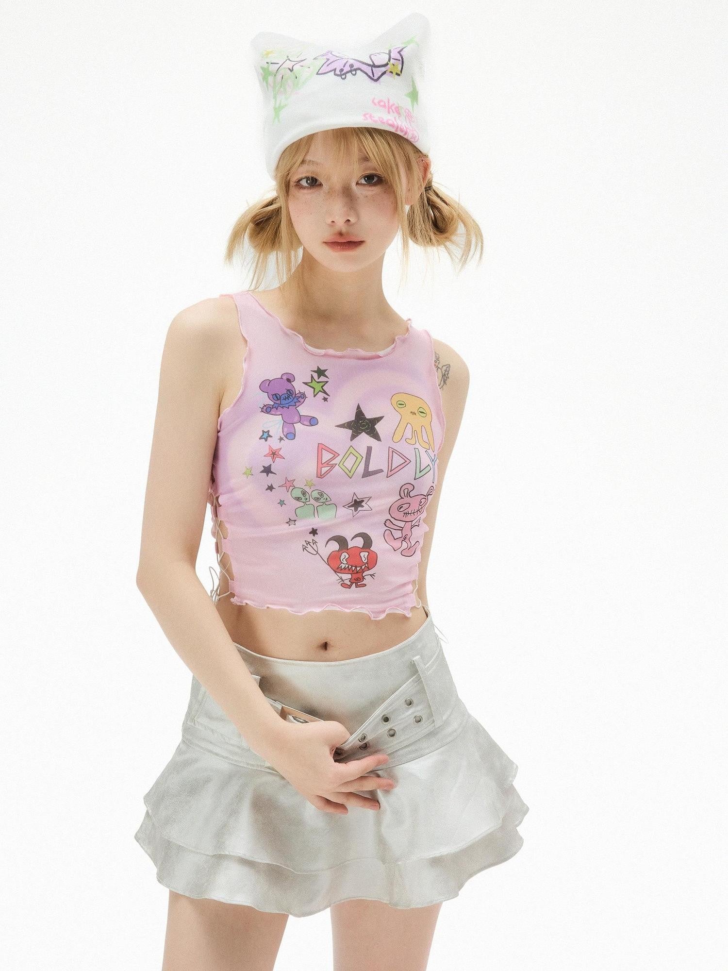 No nuts Pink Double Layer Mesh Graffiti Waist Cutout Slim Women's Polyester Tank Tops