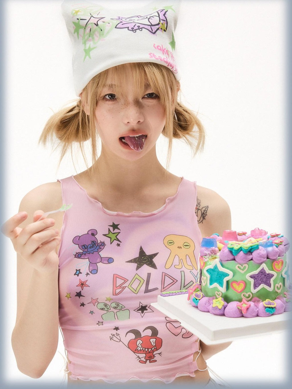No nuts Pink Double Layer Mesh Graffiti Waist Cutout Slim Women's Polyester Tank Tops