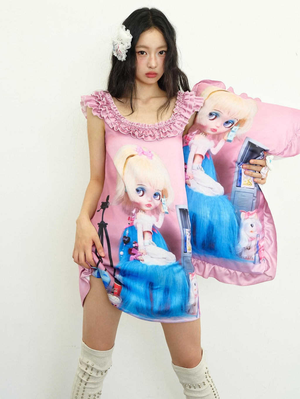 No nuts Pink Printed Ruffle Lace Collar A Line Women's Polyester Babydoll Mini Dresses