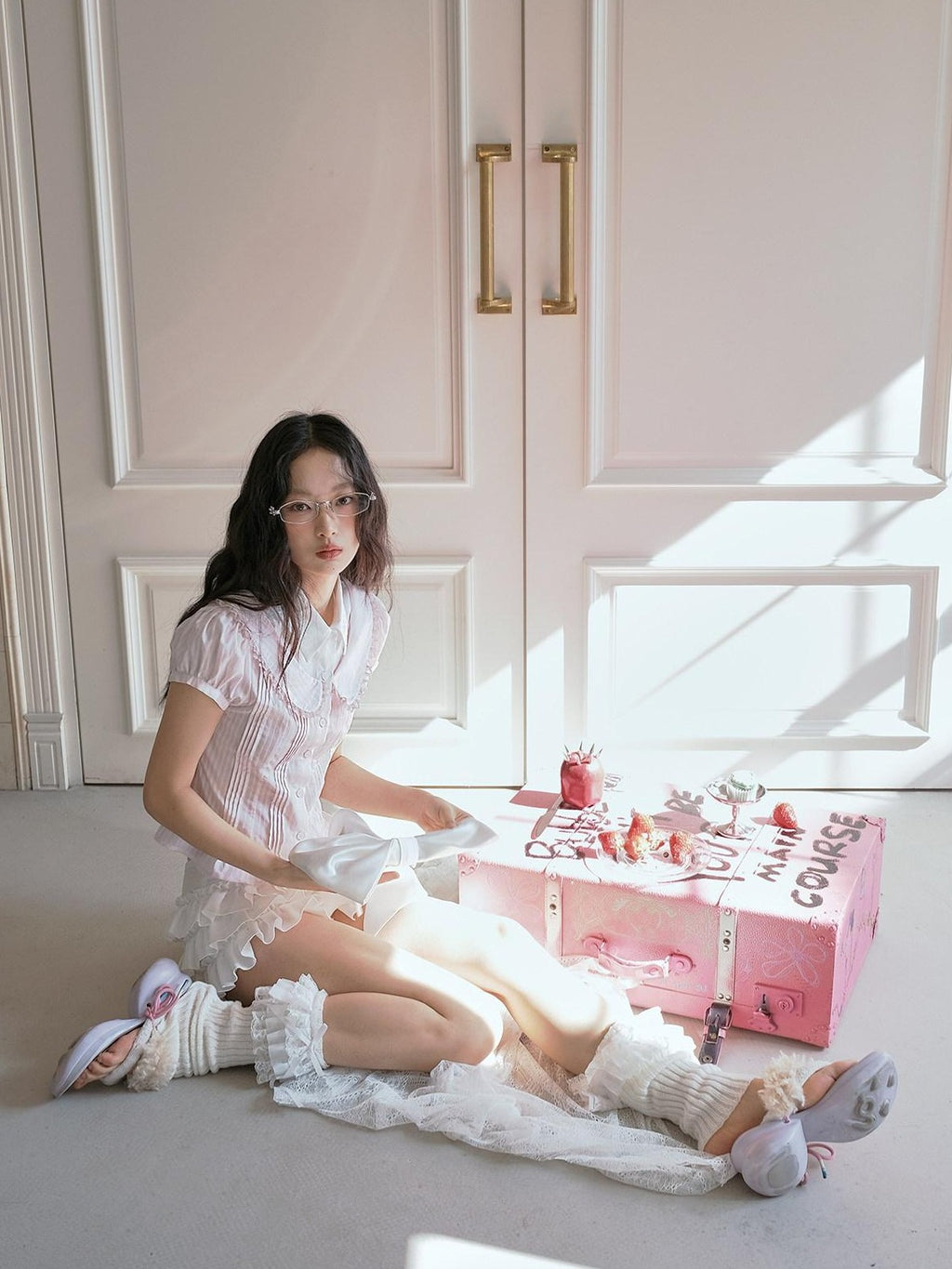 No nuts Pink Striped Doll Collar Puff Sleeve Women's Cotton Blend Short Sleeve T-shirts