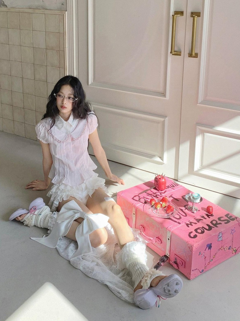 No nuts Pink Striped Doll Collar Puff Sleeve Women's Cotton Blend Short Sleeve T-shirts