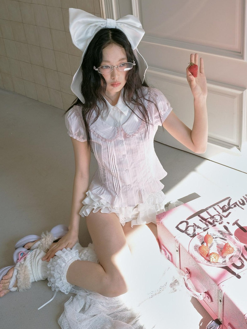 No nuts Pink Striped Doll Collar Puff Sleeve Women's Cotton Blend Short Sleeve T-shirts