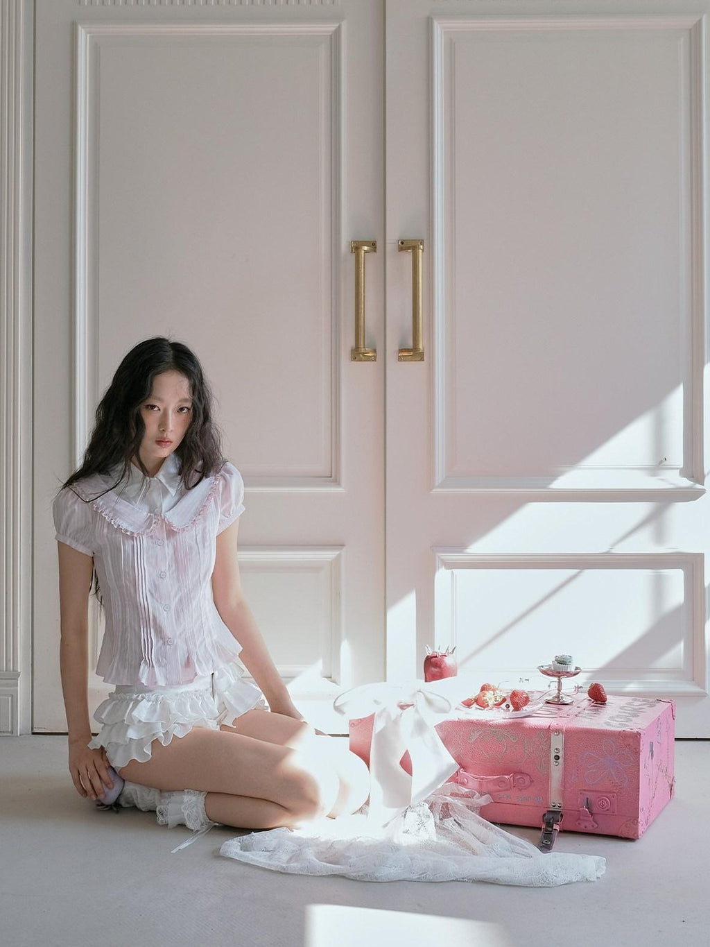No nuts Pink Striped Doll Collar Puff Sleeve Women's Cotton Blend Short Sleeve T-shirts