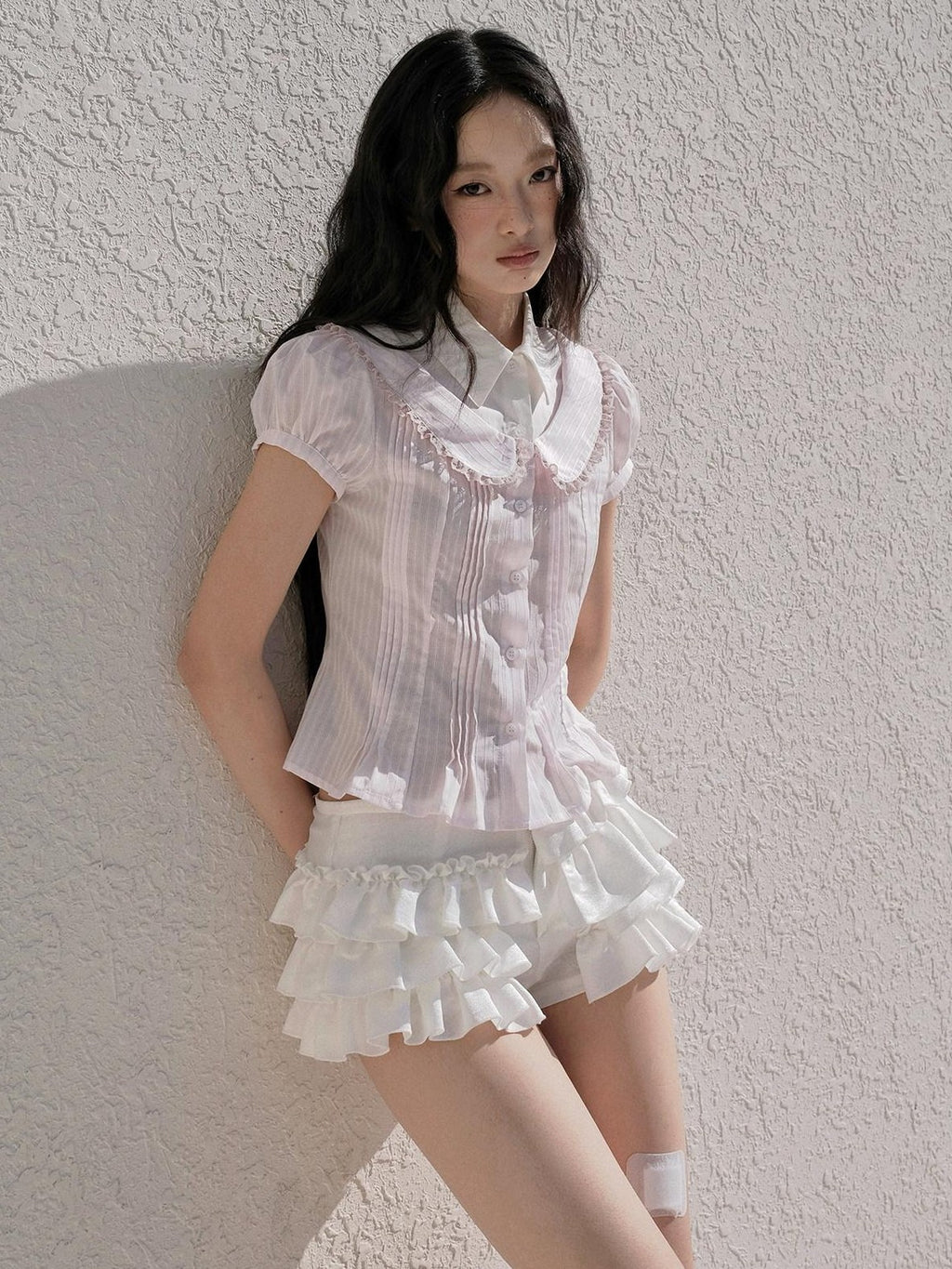 No nuts Pink Striped Doll Collar Puff Sleeve Women's Cotton Blend Short Sleeve T-shirts