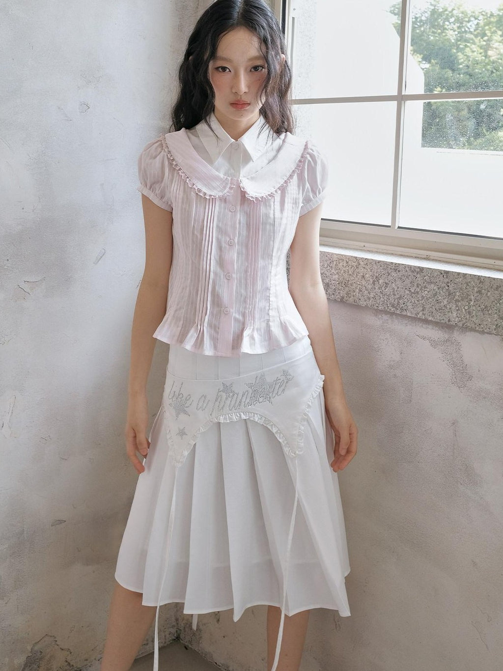 No nuts Pink Striped Doll Collar Puff Sleeve Women's Cotton Blend Short Sleeve T-shirts