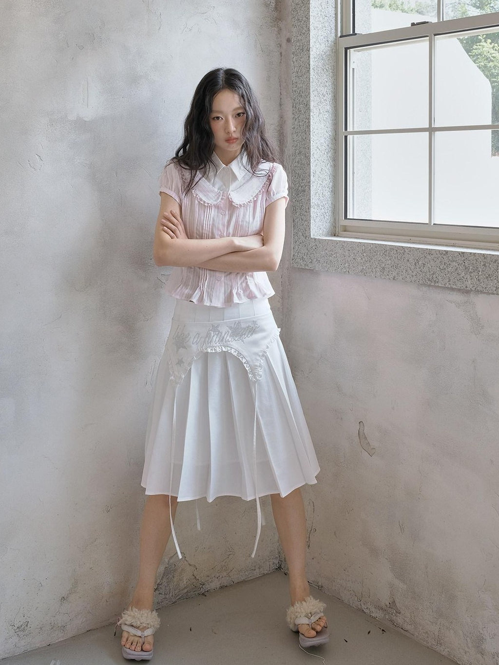 No nuts Pink Striped Doll Collar Puff Sleeve Women's Cotton Blend Short Sleeve T-shirts