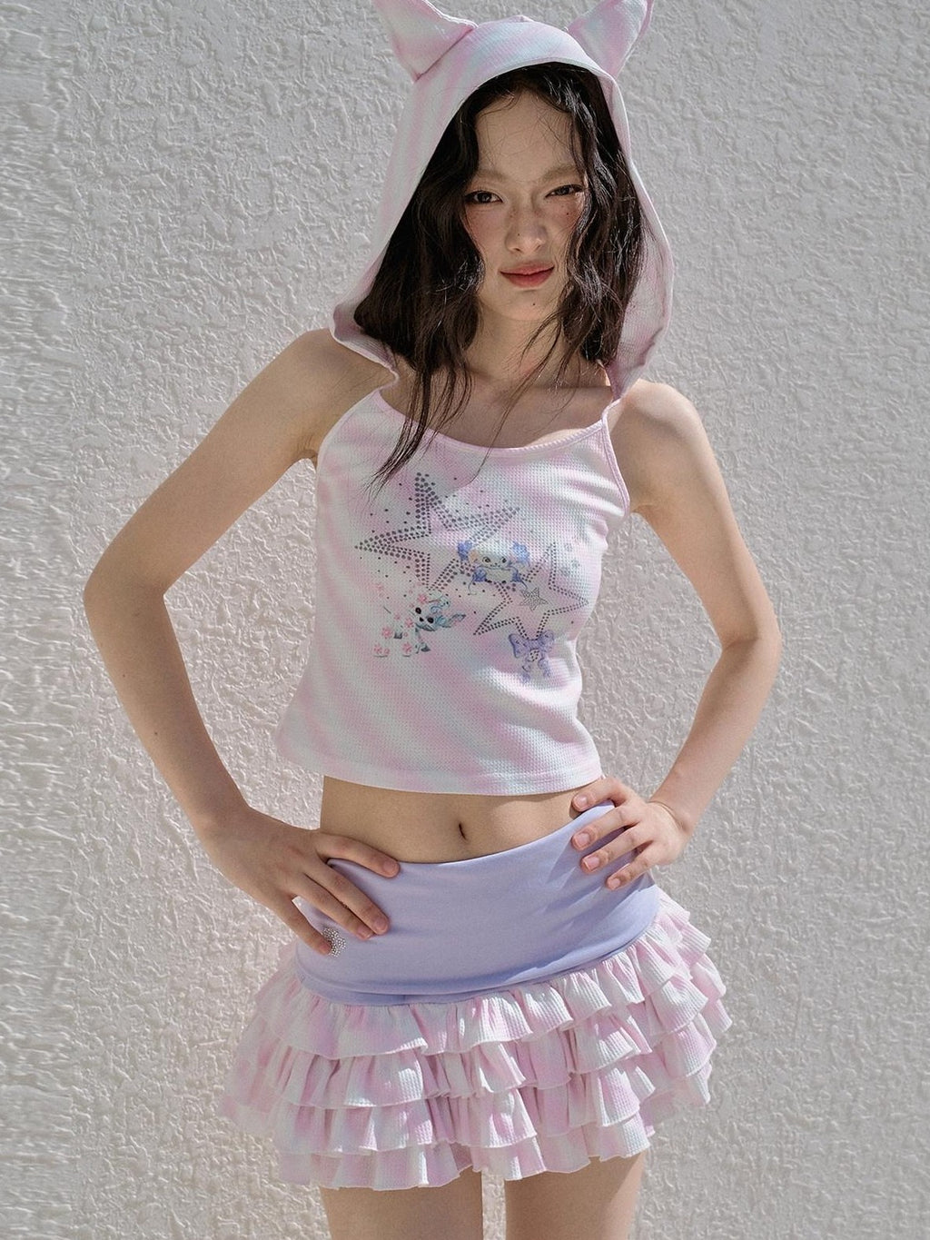 No nuts Pink Striped Hooded Devil Ear Print Vest Cake Skirt Women's Matching Skirt Sets