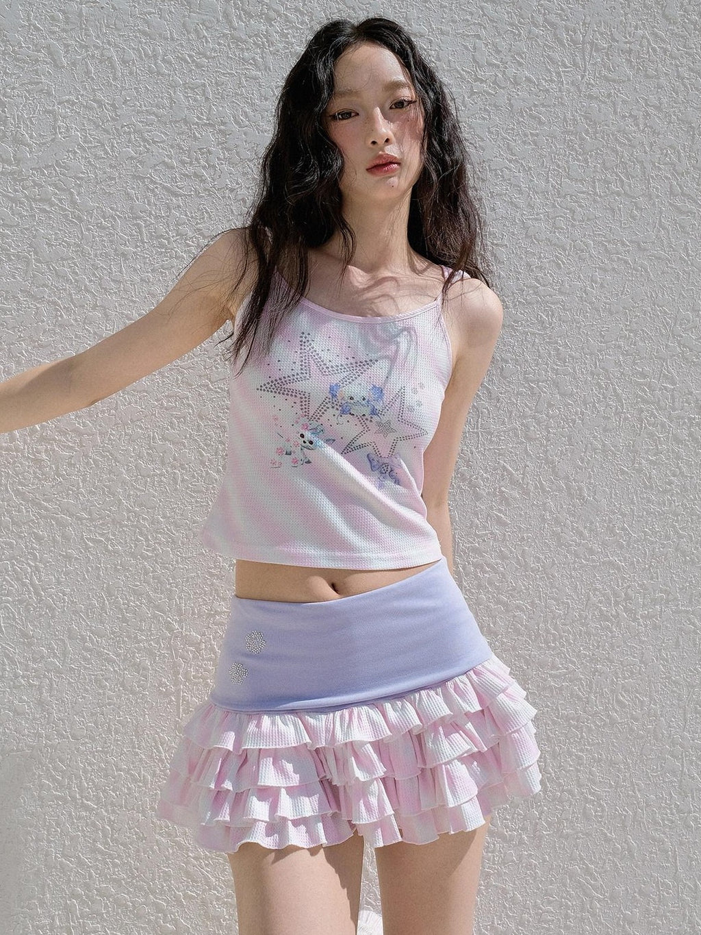 No nuts Pink Striped Hooded Devil Ear Print Vest Cake Skirt Women's Matching Skirt Sets