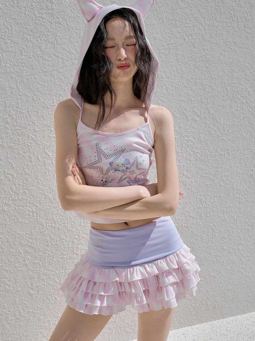No nuts Pink Striped Hooded Devil Ear Print Vest Cake Skirt Women's Matching Skirt Sets