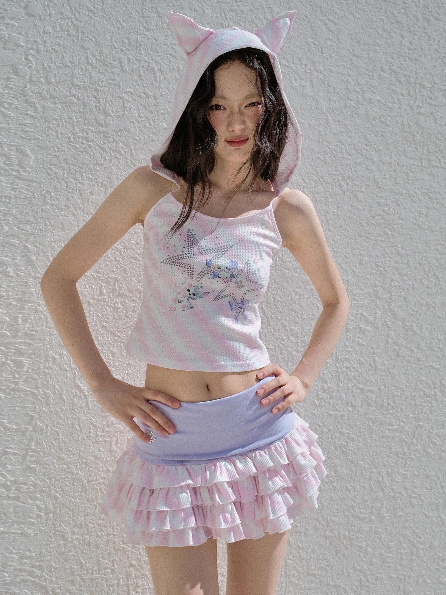No nuts Pink Striped Hooded Devil Ear Print Vest Cake Skirt Women's Matching Skirt Sets