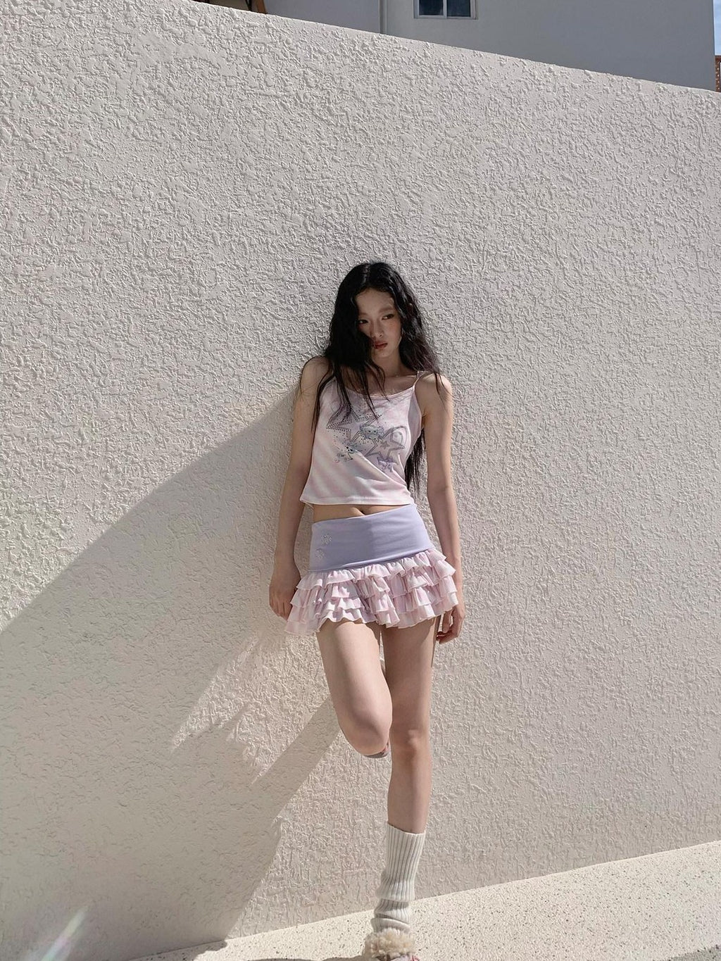No nuts Pink Striped Hooded Devil Ear Print Vest Cake Skirt Women's Matching Skirt Sets