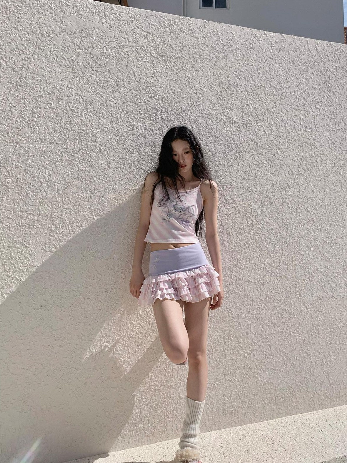 No nuts Pink Striped Hooded Devil Ear Print Vest Cake Skirt Women's Matching Skirt Sets