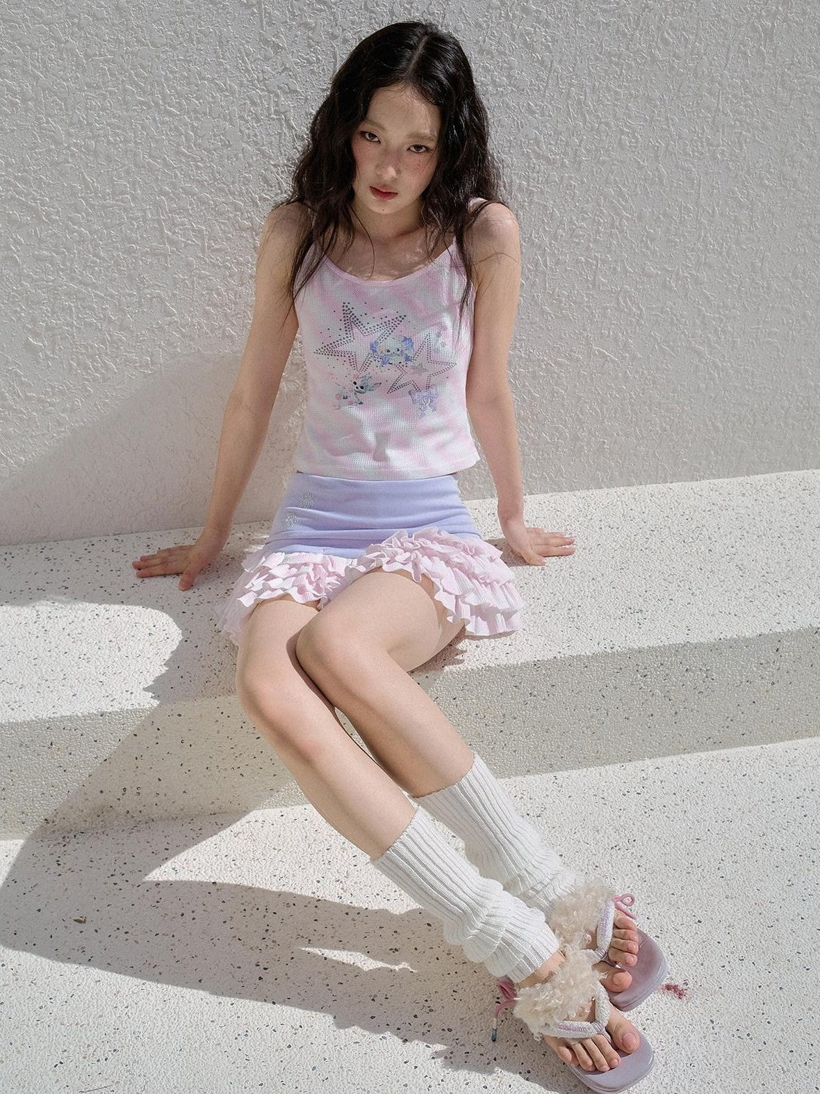 No nuts Pink Striped Hooded Devil Ear Print Vest Cake Skirt Women's Matching Skirt Sets