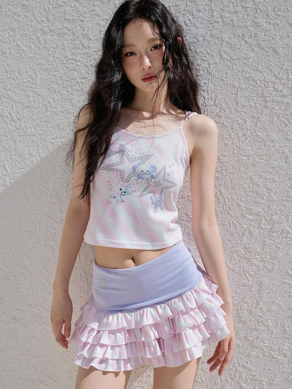 No nuts Pink Striped Hooded Devil Ear Print Vest Cake Skirt Women's Matching Skirt Sets