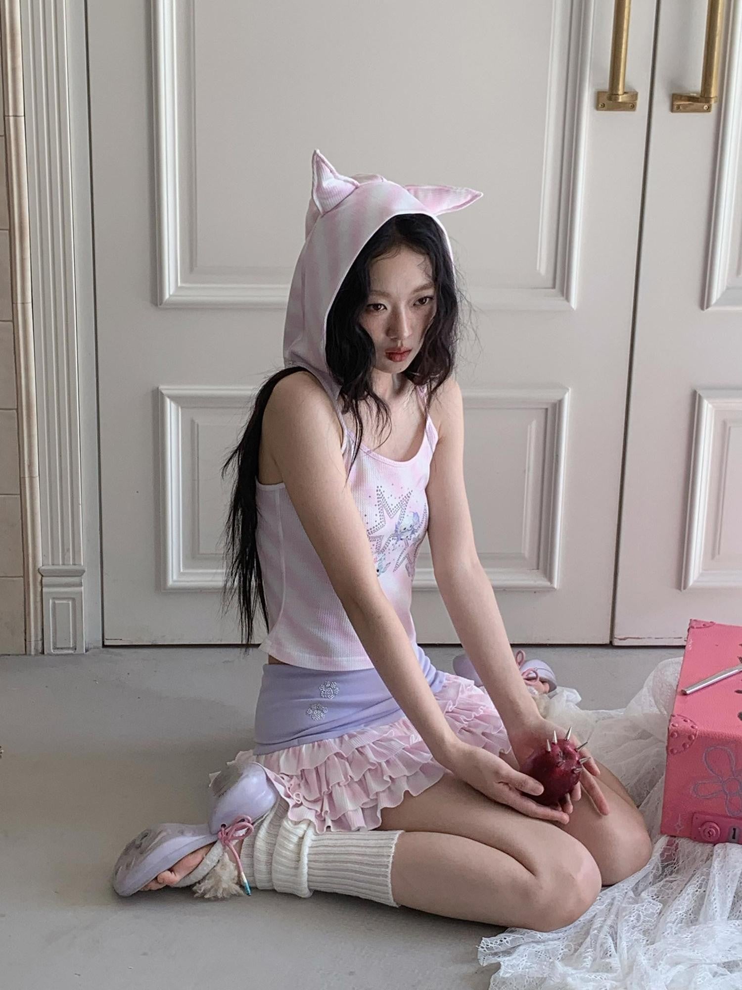 No nuts Pink Striped Hooded Devil Ear Print Vest Cake Skirt Women's Matching Skirt Sets