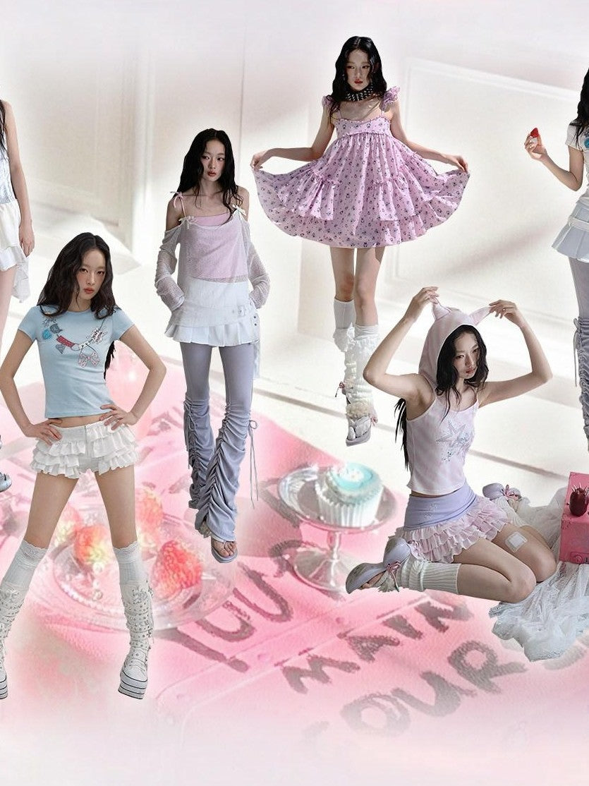 No nuts Pink Striped Hooded Devil Ear Print Vest Cake Skirt Women's Matching Skirt Sets